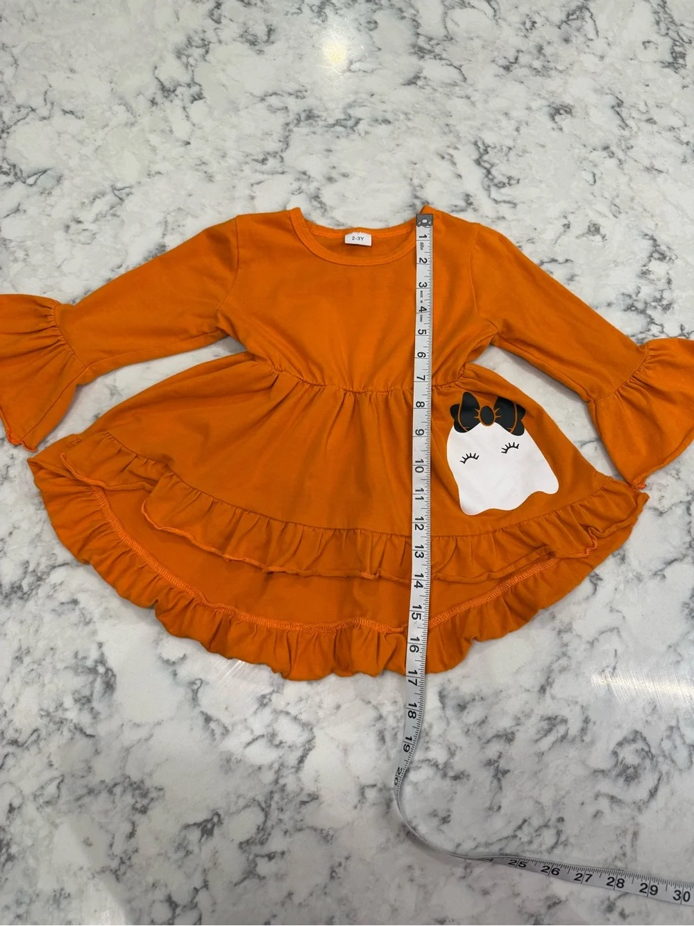 Orange Halloween Ghost Ruffle Top + Ghost Print Flare Pants – Size 2-3Y 🎃